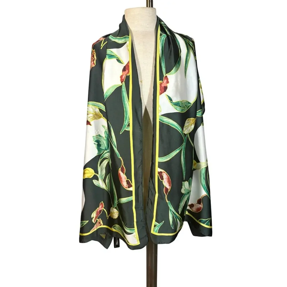 NWT White House Black Market Green‎ Floral Faux Silk Scarf Wrap Artsy Shawl